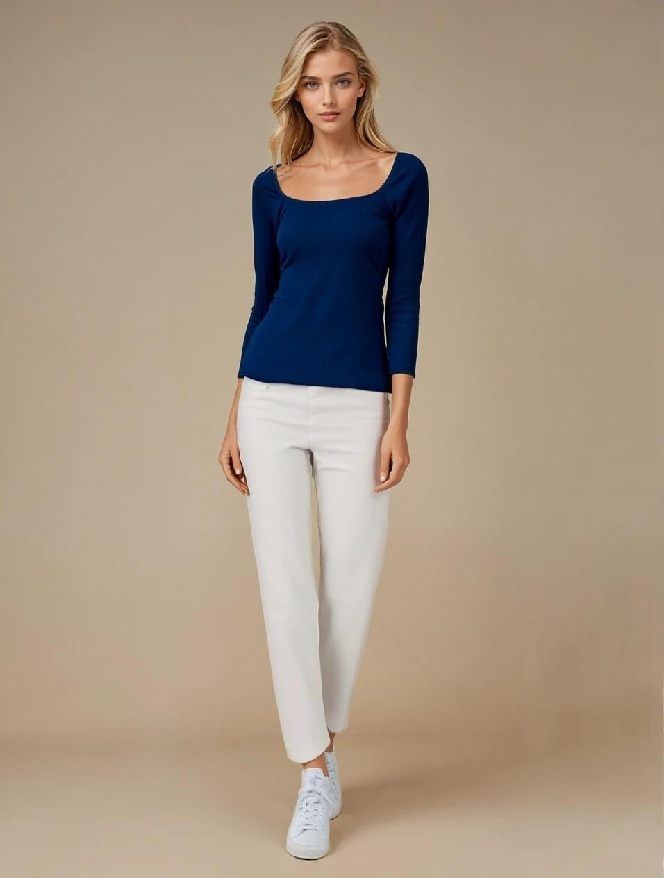 Navy Blue Ribbed Square-Neck Top