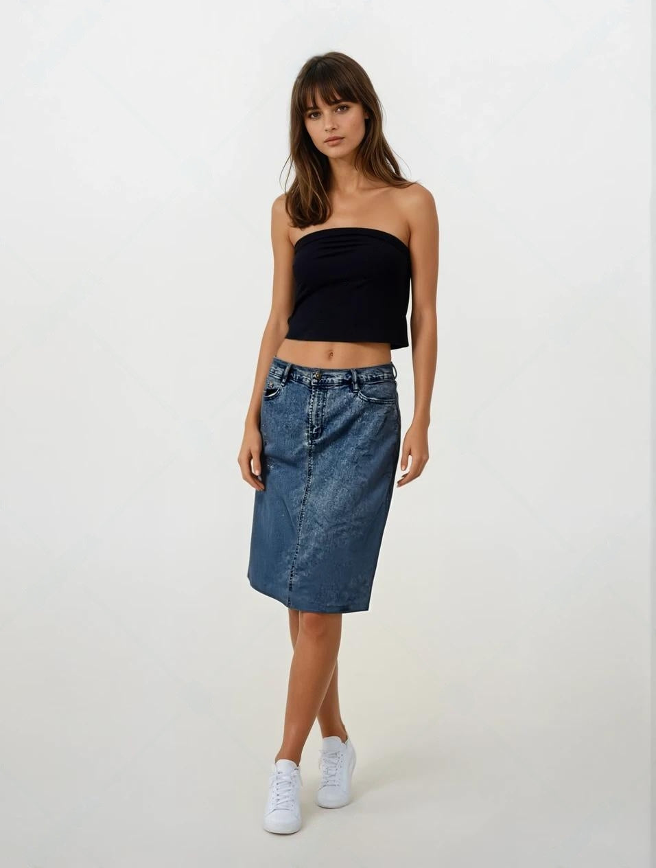High-Waist Knee-Length Denim Skirt