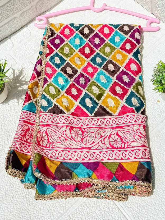 Art Silk Embroidered Red, Gold, Yellow, Multicolor Women Dupatta