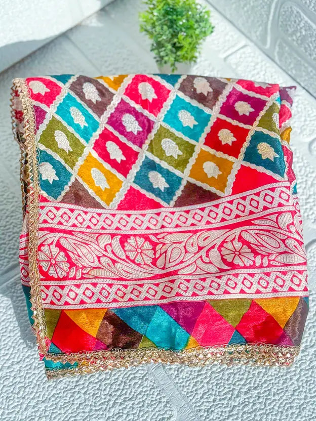 Art Silk Embroidered Red, Gold, Yellow, Multicolor Women Dupatta