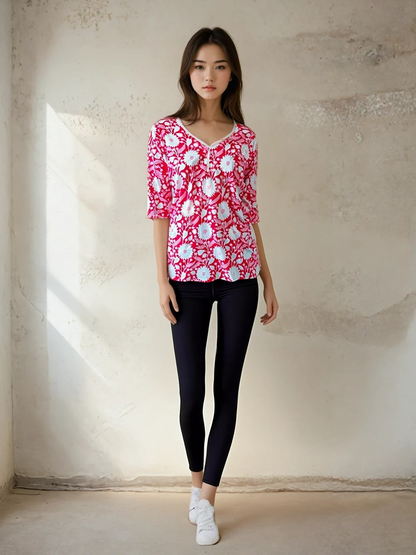 Blush Petal Kurti – 3/4th Sleeve Floral Charm