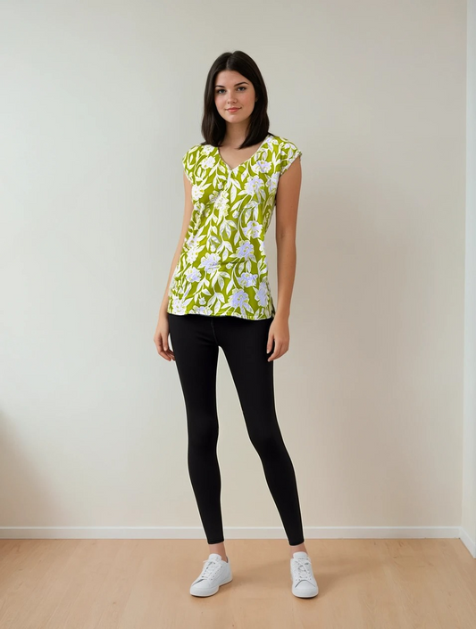 Lime Bloom Cotton Cut-Sleeve Kurti