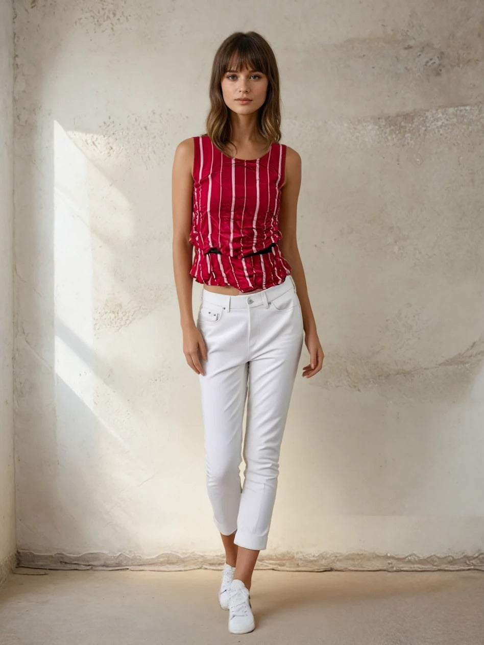 Crimson Stripe Ruched Sleeveless Top