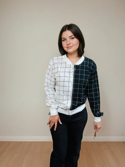 Dual-Tone Grid Check Zip-Up Sweatshirt