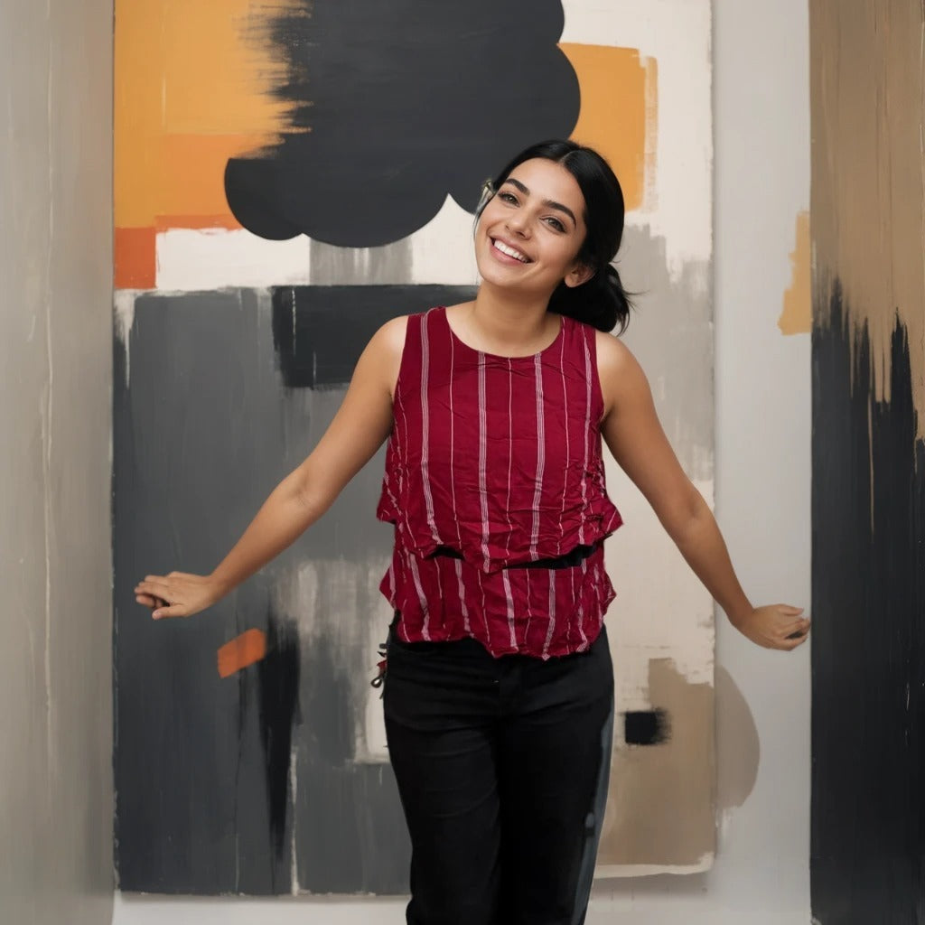 Crimson Stripe Ruched Sleeveless Top