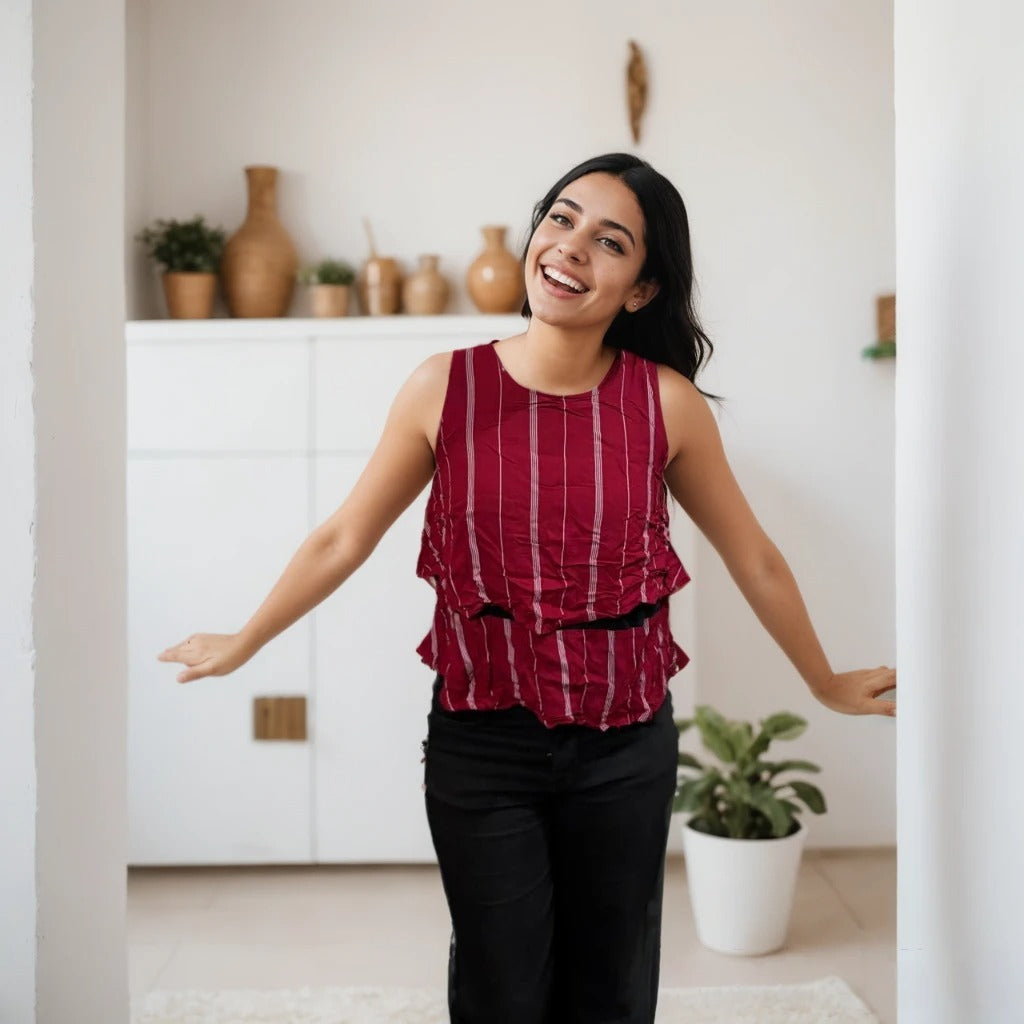 Crimson Stripe Ruched Sleeveless Top
