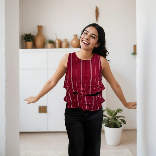 Crimson Stripe Ruched Sleeveless Top