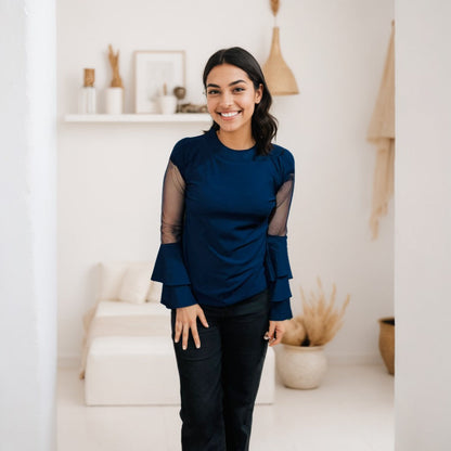 Navy Ruffle Sleeve Top