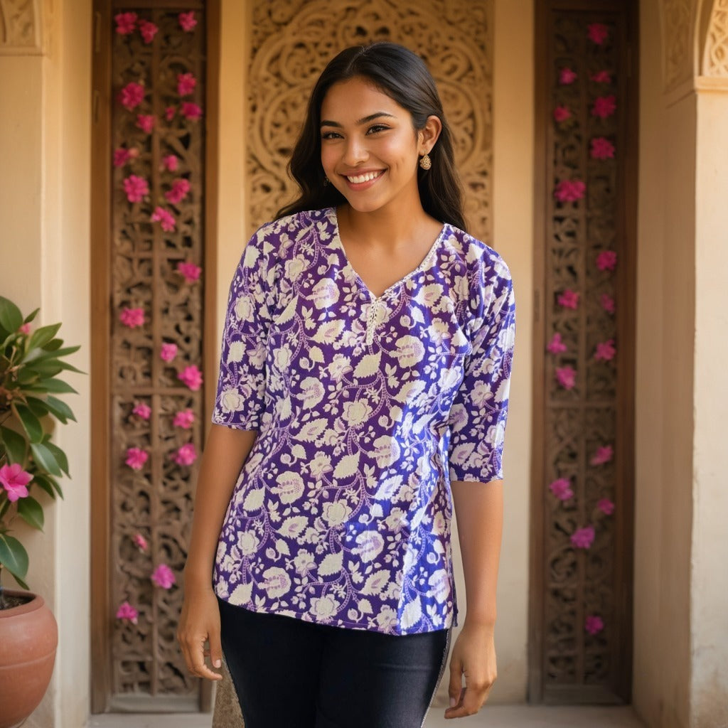 Floral Charm Purple Cotton Kurti