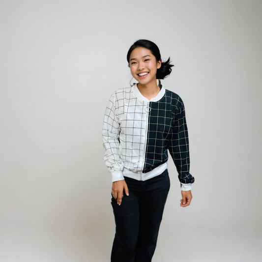 Dual-Tone Grid Check Zip-Up Sweatshirt