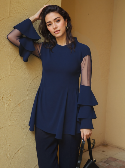 Navy Ruffle Sleeve Top