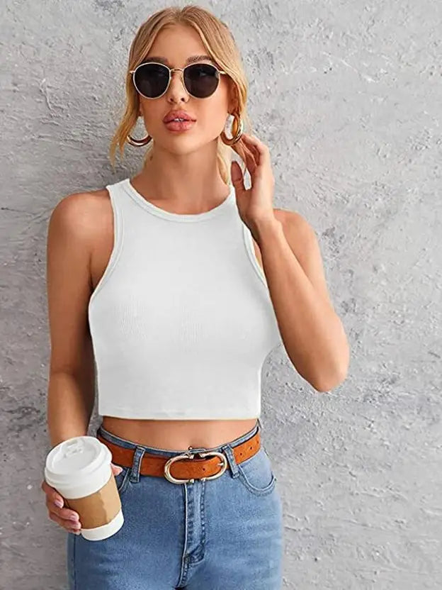 Casual Sleeveless Solid Women White Top