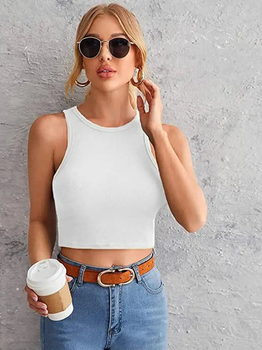 Casual Sleeveless Solid Women White Top